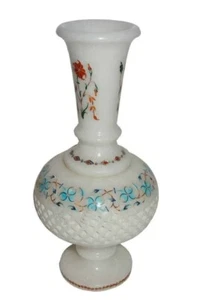 Vaso 14" Fiore Marmo Bianco Pietre Intarsio Turchese Lavoro Floreale - Foto 1 di 3