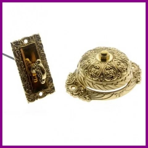 Solid Brass Ornate Mechanical Twist Door Bell in Polished Brass Cover