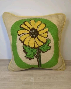Vintage Nadelspitze Sonnenblume Dekokissen Blumen Samt Rücken Gelb Grün - Bild 1 von 7