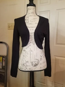 Attention Women's Juniors Medium Black Cropped Long Sleeve Cardigan Open Ribbed - Picture 1 of 10