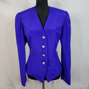 Vintage 80's RIMINI Size 12 Purple 100% Silk Puff Sleeve Jewel Button Blazer EUC - Picture 1 of 11