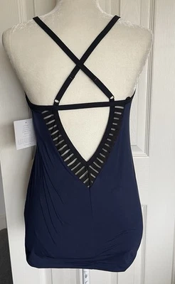 Camiseta sin mangas BEYOND YOGA talla XS con tiras espalda abierta azul negro ribete de malla pequeña NUEVA Foto 1 de 4