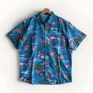 SSLR Herren XL Flamingo Hawaiihemd mit Knopfleiste Tropical Blau Rosa Blumenmuster - Bild 1 von 6