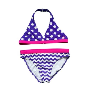 Girls M 7-8 OP Purple White Pink Polka Dot Chevron Halter Bikini Swim Set - Picture 1 of 2
