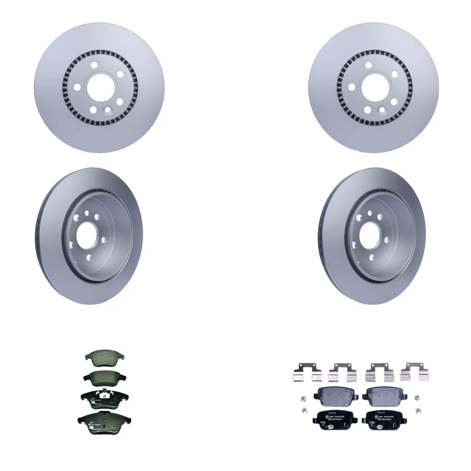 Kit de pastillas de freno de disco de bajo metal rotores delanteros traseros Hella para Land Rover LR2 AWD 08-12 Foto 1 de 1