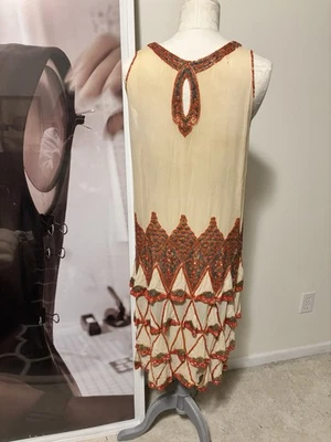 Authentic Vintage 1920s Ivory Orange Red Beaded Silk Crepe Flapper Dress Rare - Image 1 of 4