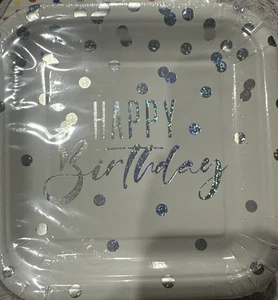 Plato de cena de papel cuadrado de lunares de lámina de plata de 8 quilates feliz cumpleaños - 6-7/8 nuevo - Imagen 1 de 3