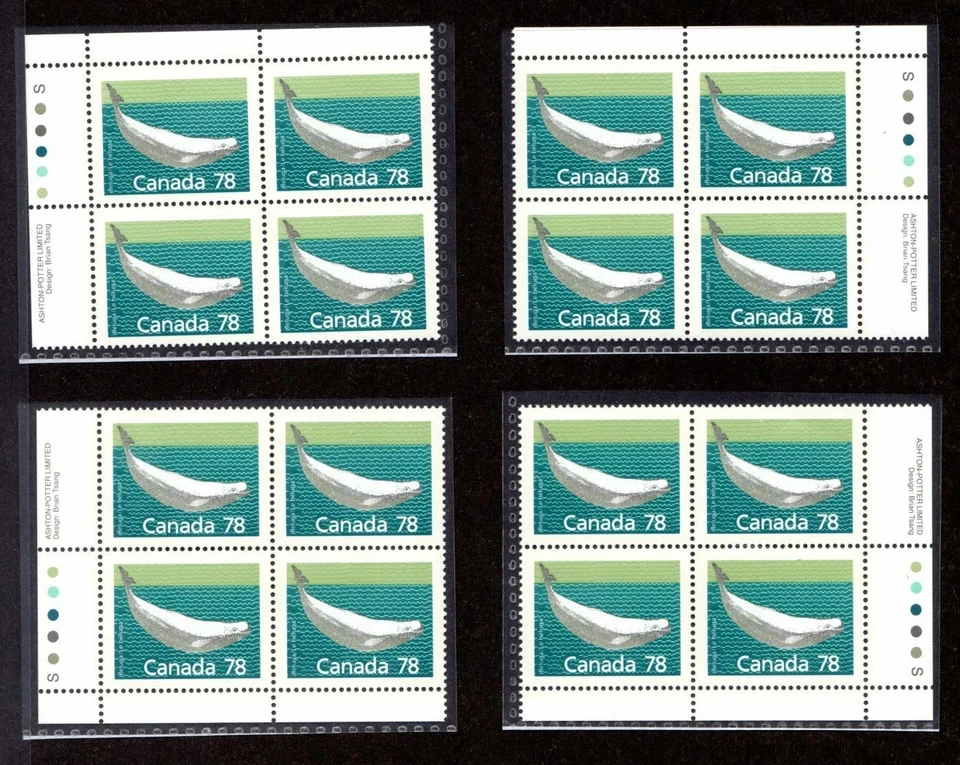 Canada - Scott #1179 - Beluga Whale - Matched Set Plate Blocks - CV $52 - Image 1 of 1