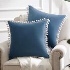 WESTERN HOME WH 2 Pack Blue w/White Pom Poms Decorative Throw Pillow Covers18X18