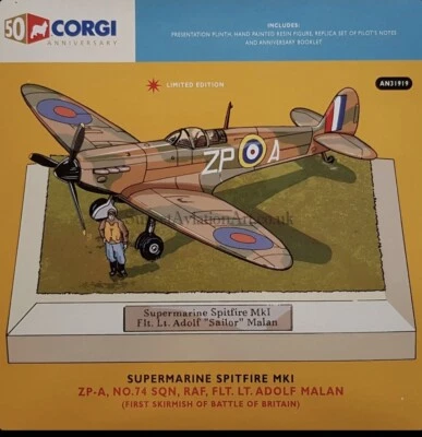 Corgi Aviation Supermarine Spitfire MKI No.74 Sqn RAF Adolf Malan AN31919 - Image 1 of 3