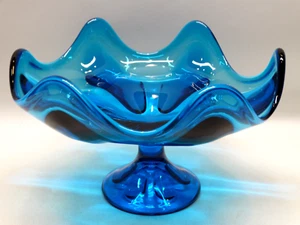 Vintage MCM Viking Glass Epic Bluenique 6 Petal Compote Pedestal Bowl EUC - Picture 1 of 13
