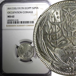Egypt Occupation Coinage Silver AH1335/1917 H 2 Piastres NGC MS62 KM# 317.2 (18) - Picture 1 of 5