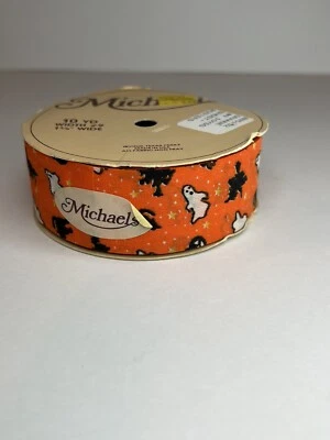 Vtg Halloween Ghost Busters Witch Black Cat Spider Ribbon 10 YD Michaels Orange - Image 1 of 4