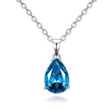 Fashion Lady Silver Drop Lake Blue Zircon Pendant Necklace Classic Joker Jewelry