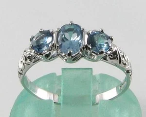 9K 9CT WHITE GOLD AQUAMARINE TRILOGY VINTAGE INS 3 Stone RING FREE RESIZE - Picture 1 of 5