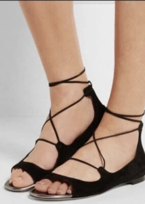 Jimmy Choo Vernie Lace Up Suede Ballets Flats Black 34/4 $775 - Image 1 of 4