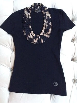 ROBERTO CAVALLI Short Sleeve Knit Top ~ Black ~ IT 40/US 4 ~ Ruche Silk Neckline - Image 1 of 4