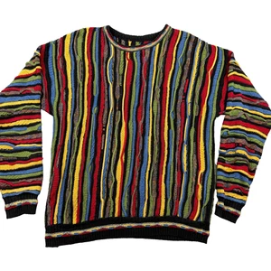 Vintage Coogi Style Sweater Men Large Striped 3D Knit Crewneck Crayola Biggie - Picture 1 of 10