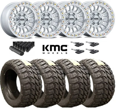 KMC SILVER MACHINED IMS 37 12.50 18 TIRE PACKAGE SET FIT LIFTED 3500 2500 8X180 Foto 1 de 4