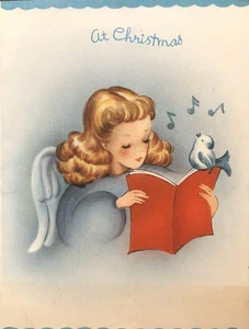 Vtg Christmas Greeting Card Adorable Angel Cute Bird On Hymnal Both Singing - Picture 1 of 4
