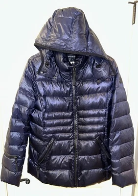 Chaqueta Abrigo Andrew Marc Mujer Grande Azul Marino 650 Relleno Extraíble Capucha Puffer Foto 1 de 4