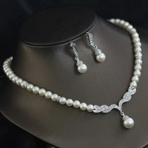 Wedding Jewellery 8/10 mm 18KGP White Sea Mother of Shell Pearl Necklace Earring - Picture 1 of 5