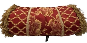 Vintage Nachlass Kissen BESS Fransen Rund Fransen Boudoir Rot Gold 17" Hvy Baumwolle - Bild 1 von 15