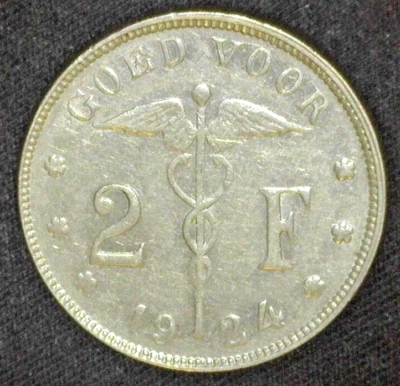 BELGIUM 1924 2 FRANCS KM92 VERY FINE ~FCS-760 - Image 1 of 2