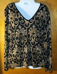 Chico's Womens TRAVELERS Spandex BLACK and GOLD Scroll Design Blouse Sz 1 - Picture 1 of 6