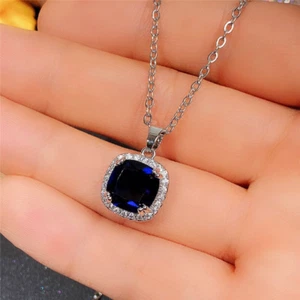Sapphire CZ White Gold Filled Silver Square Lab Created Sapphire CZ Necklace - Picture 1 of 2