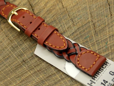 Correa de reloj Hirsch NOS de colección de cuero trenzado con hebilla de tono dorado de 14 mm Foto 1 de 4