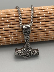 Thors Hammer Mjölnir Edelstahl Anhänger mit Zopfkette  Wikinger Halskette massiv - Bild 1 von 7