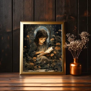 Girl Reading a Book, Mystical Moon and Flowers Print, Celestial Floral Dark Art - Picture 1 of 4