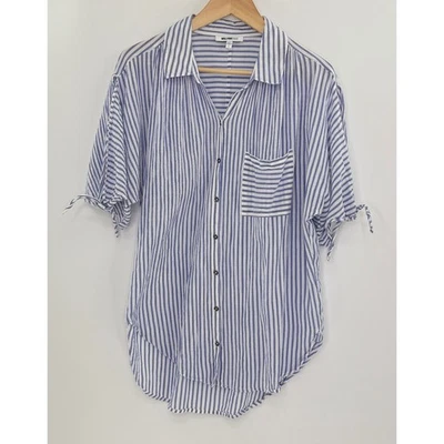 Camisa William Rast Para Mujer Azul Rayas Botón Hombro Frío Manga Corbata, L Boho Foto 1 de 4
