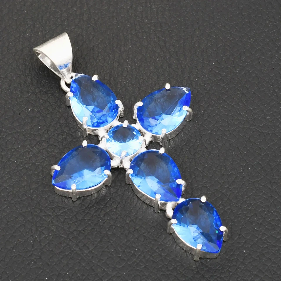 Blue Topaz Gemstone Handmade Cross Pendant Jewelry For Christmas 2.64" AP-38723 - Image 1 of 1