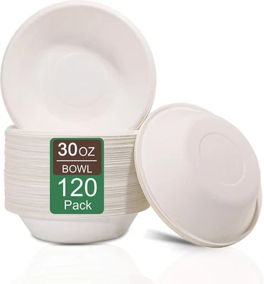 Nervure 120PCS Biodegradable Paper Bowls - 30OZ Compostable Bowls Heavy Duty Nat - Image 1 of 4