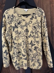 J Jill NWOT Yellow Black Floral Butterfly Knit Lightweight Sweater Size XL - Picture 1 of 7