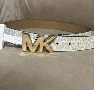 Michael Kors Gold /Silver Buckle Monogram MK Ivory Women belt size small - Picture 1 of 17