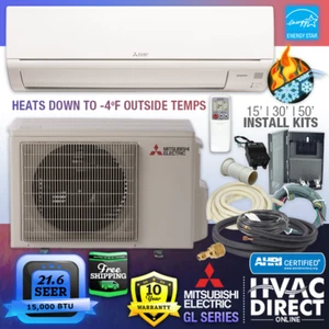 Mitsubishi 15000 BTU Ductless Mini Split Heat Pump AC Inverter, 21.6 SEER - Picture 1 of 10