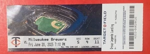 Jacob Misiorowski Christian Yelich 20/06/2025 MILWAUKEE BREWERS TWINS BOLETO DE JUEGO - Imagen 1 de 13