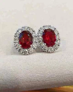 Precioso pendiente de diamante rubí natural de 6,58 quilates de corte ovalado de oro blanco macizo de 14 quilates - Imagen 1 de 4