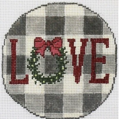 Needlepoint Handpainted PLD Designs Love on Gingham Grey 4" - Image 1 of 4