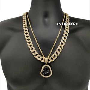 Buddha Pendant w/ Miami Cuban Chain Necklace & Rope Chain Plated Hip Hop Jewelry - Picture 1 of 5
