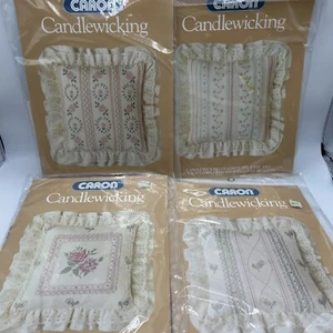 Caron Candlewick Throw Pillow Lot 4 Kits Lace Ruffle Floral 14x14 - Picture 1 of 10