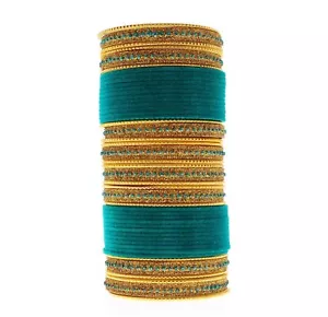 Indian Bangles, CG B Velvet Glitter Teal 24- 2 Hand Bangle Set - Picture 1 of 1