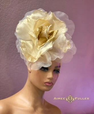 Champagne Amarillo Rosa Kentucky Derby Fascinator Flor Nupcial Royal Ascot Sombrero Foto 1 de 4