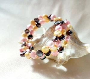 Pulsera 3 Hilos Barroco Agua Dulce Perla Envolvente Acero 7-8mm Rosa Amarillo Negro - Imagen 1 de 6