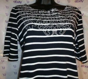 Neu 58 $ Rafaella bestickte kleine Kurzarmbluse weiß schwarz gestreift Oberteil - Bild 1 von 6