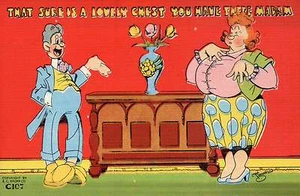 " Lovely Chest, Madam," Double-Entendre --- Old Linen Comic Postcard 1930-1944 - Picture 1 of 2