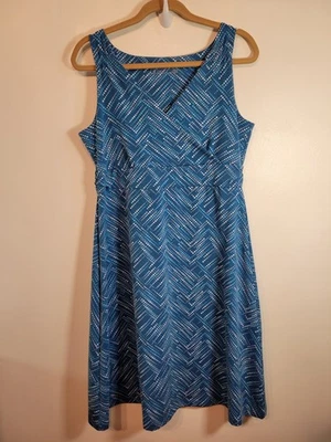 Eddie Bauer Travex Blue Sleeveless Faux Wrap Midi Dress Large Abstract Dots - Image 1 of 4